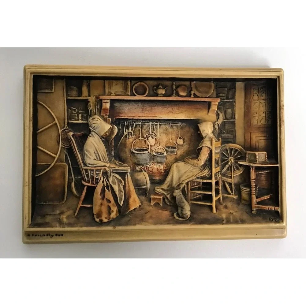 VTG Arthur Osborne Ivorex Wall Plaques A Friendly Call/The Old Folks at Home 3D